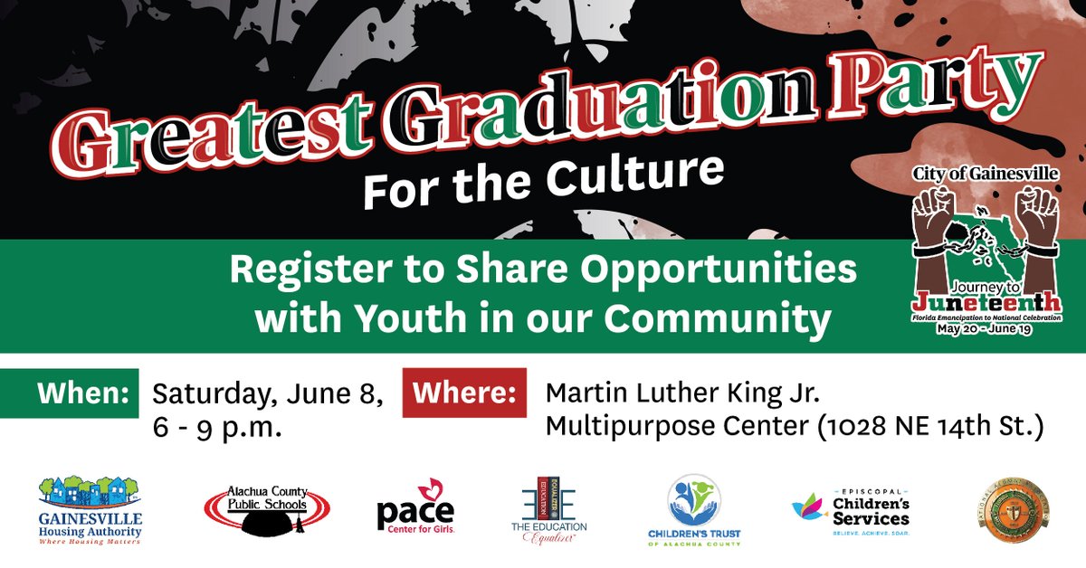 If you are a community organization or business that offers K-12 educational, post-secondary or employment opportunities for the next generation of promising youth, we would love to have you as a vendor at the Greatest Graduation Party. Register: GainesvilleFL.gov/GraduationVend…