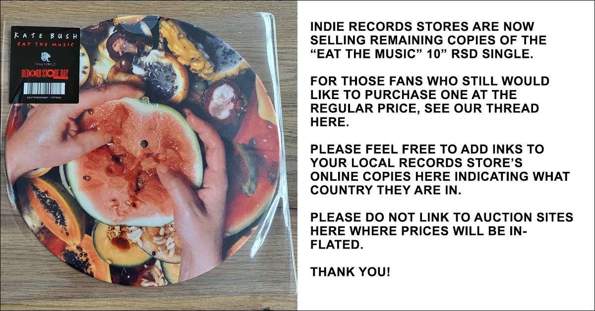 See this Facebook thread for links to Indie Record stores selling remaining copies of the Eat The Music 10' single at their regular price. Please don't link to online auction copies at inflated prices. Thanks! tinyurl.com/etmrsd