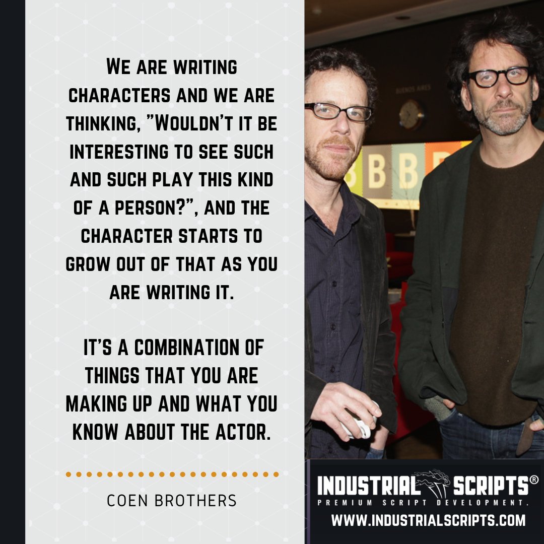 Ethan and Joel Coen, known for their stylish neo-noir films that often centre on eccentric characters and convoluted plots. 

More of these @Indust_Scripts

Visit: IndustrialScripts.com

#screenwriting #screenwriter #coenbrothers #joelcoen #ethancoen #filmmaking #filmmaker