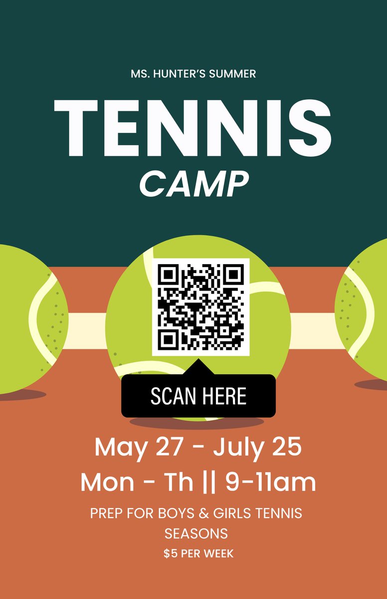 Interested in learning or playing tennis? Ms. Hunter is hosting a summer tennis camp for all ability levels and genders. This summer camp will be prepping students for the Fall 2024 Boys Tennis season (need 11+ boys) and Spring 2025 Girls Tennis Season.