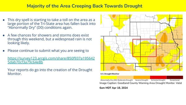 Drought is slowly creeping back into the area as most of the area saw a one category degradation to Abnormally Dry (DO) conditions. Please continue to submit your reports to survey123.arcgis.com/.../850f937a19…... as they do go into the creation of the Drought Monitor. #kswx #newx #cowx
