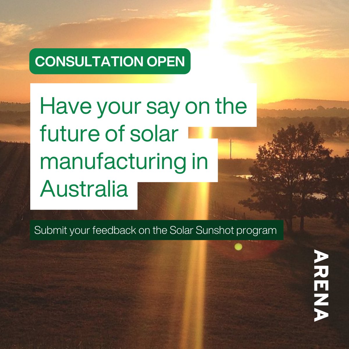 Consultation is now open for the Solar Sunshot program. We’re seeking input on the program design to scale up Australia’s solar PV manufacturing capacity. Read the consultation paper & have your say by Fri 31 May: arena.gov.au/funding/solar-… @DCCEEW
