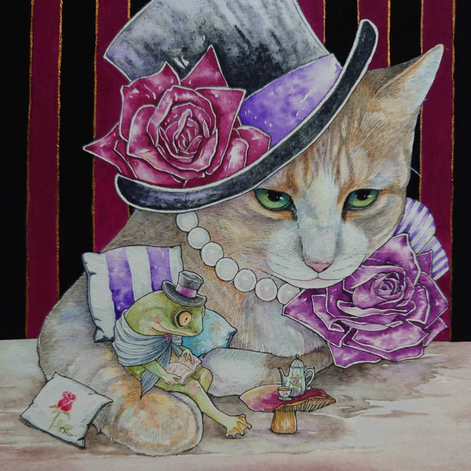 #私はこういう絵描きです見た絵描き全員参加猫と薔薇とシルクハットが大好きな、コミュ障で方向音痴で高所恐怖症な人ですどうぞよろしくお願いします 
