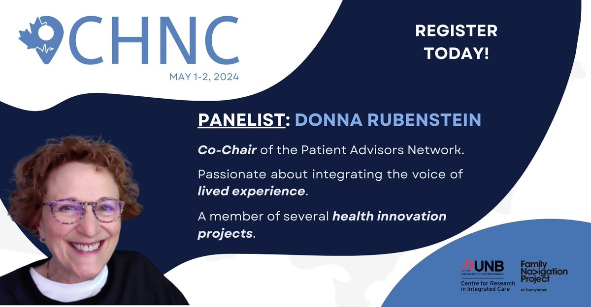 Our fourth panelist is Donna Rubenstein - Co-Chair of the Patient Advisors Network. Donna is passionate about integrating the voice of lived experience and health innovation projects. Register today to learn more! chnconference.ca/conferences/ch…

#health #navigation #conference #canada