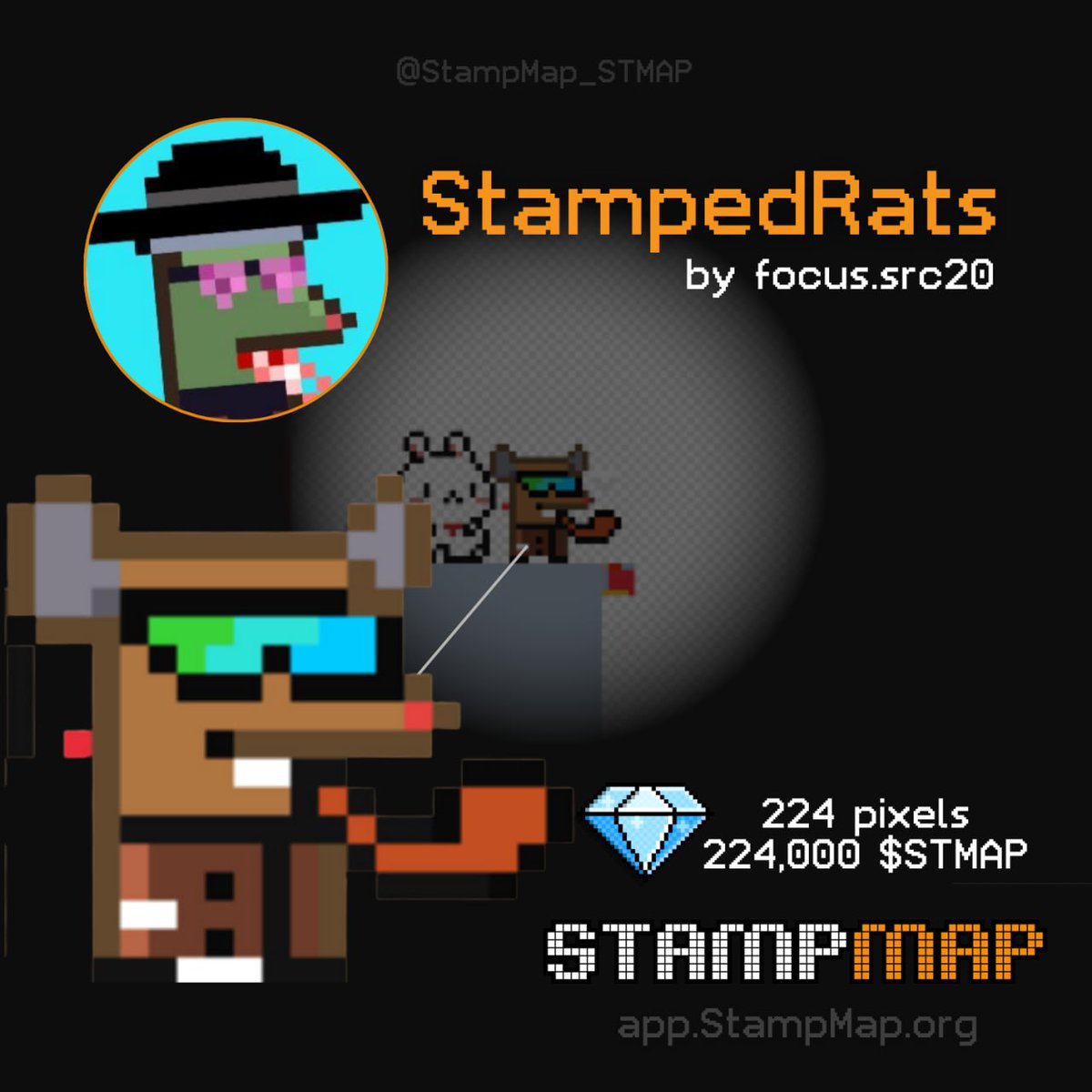 Today, a focus on the #pixelart of one of our most active StampMappers : Focus.src20 @focus268 has chosen to represent on #StampMap a rat from the famous Stamps collection: @StampedRats. An original shape, and a very stylish rat with its glasses, don’t you think? 🟧 224 pixels