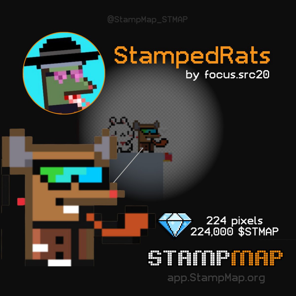 StampMap_STMAP's tweet photo. Today, a focus on the #pixelart of one of our most active StampMappers : Focus.src20

@focus268 has chosen to represent on #StampMap a rat from the famous Stamps collection: @StampedRats.

An original shape, and a very stylish rat with its glasses, don’t you think?

🟧 224 pixels
💎 224,000 $STMAP 

Go follow him on X if you don't already follow him : @focus268

Thank you @focus268 for your involvement.

Do you also have a StampedRat in your wallet?

#Web3 #Bitcoin #SRC20 #stamp #utxo #stamps