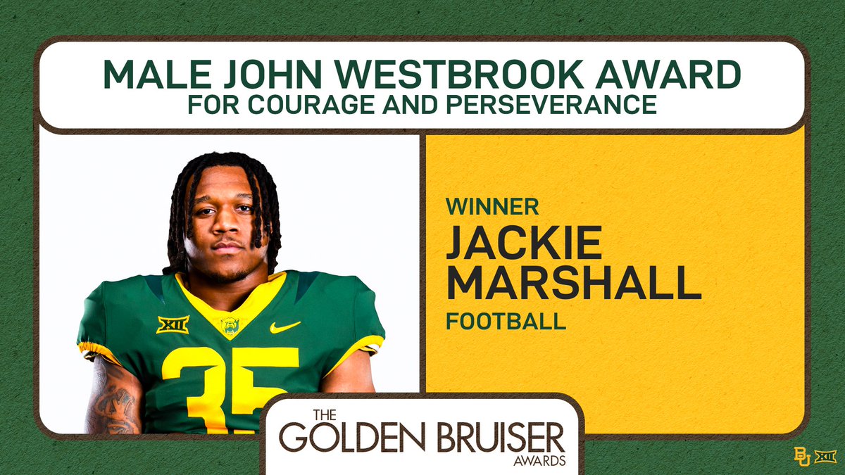 Overcoming adversity in and out of competition. The Male John Westbrook Award for Courage and Perseverance goes to @jayy414 from @BUFootball! #SicEm | #GoldenBruisers24