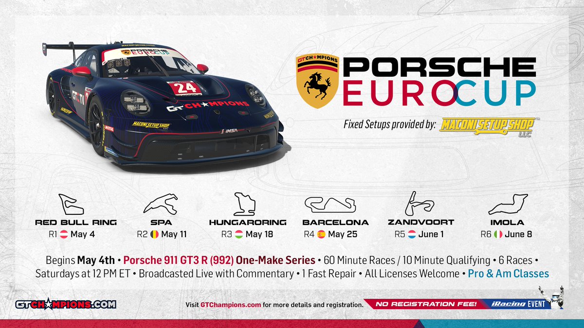 We are excited to announce our new iRacing series, the GTC Porsche EuroCup. No registration fee! See below for full details and register today!
gtchampions.com/porsche-eurocup
Races will be streamed LIVE in 1440p on our YouTube channel.
#GTCHAMPIONS #iracing #simracing <a href="/MaconiSetupShop/">Maconi Setup Shop LLC</a>