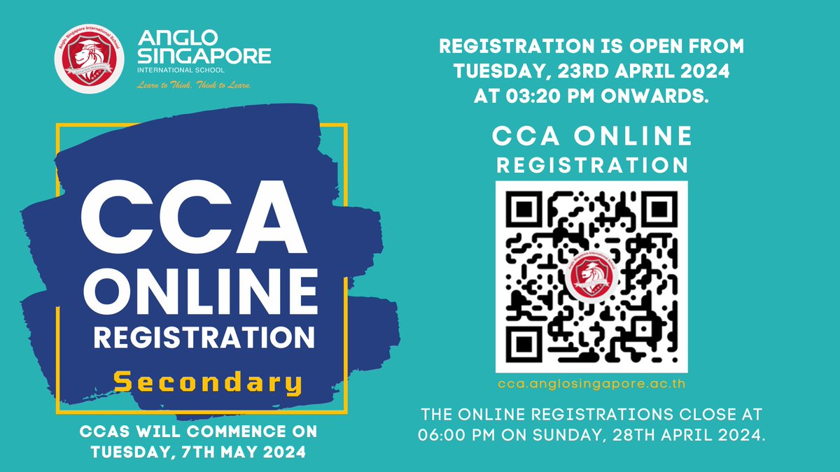 Dear Parents! 📣 Our CCA Online Registration for Secondary is open TODAY, April 23rd, 3:20 PM onwards! 🥰 Register by scanning the QR Code. 📌 Thank you! 🙏