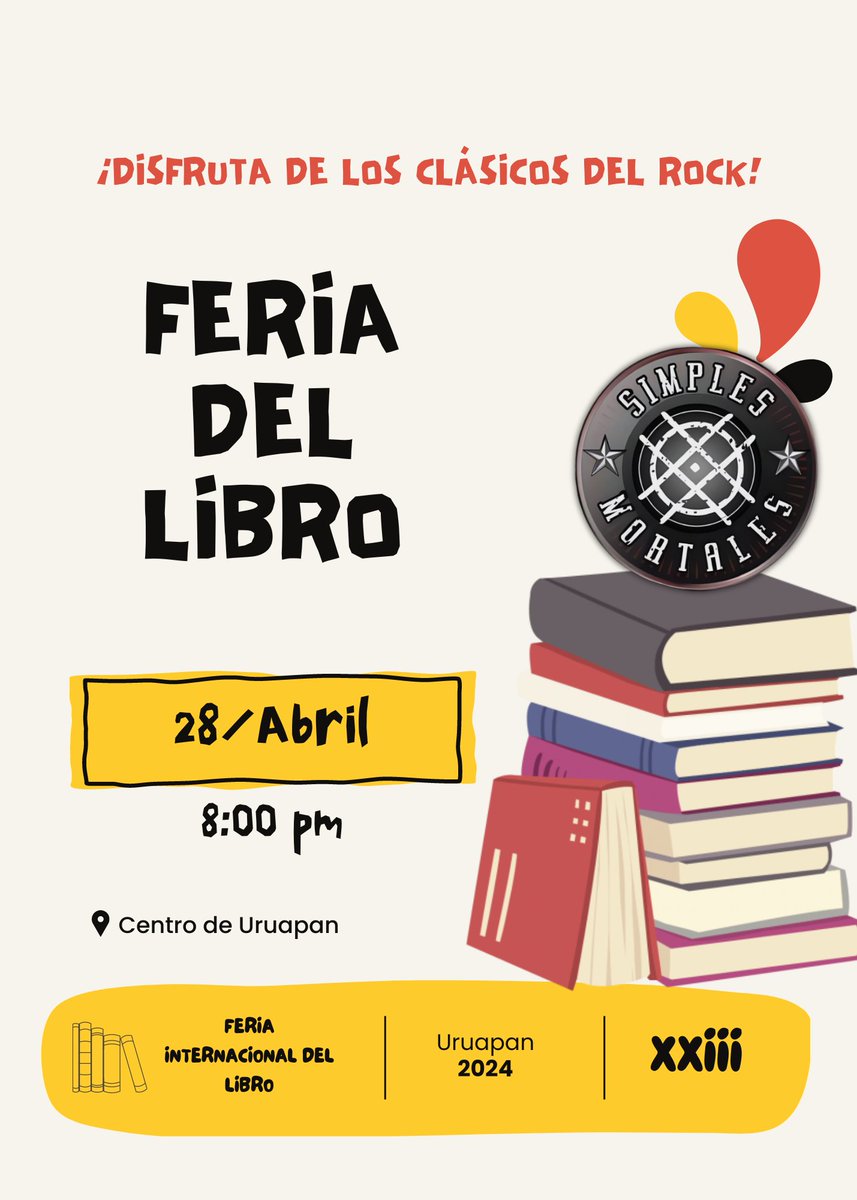 SimplesUruapan's tweet photo. ¡Amigos! Los esperamos este próximo domingo 28 de Abril en el Foro Artístico del centro para dar cierre a la XXIII Feria Internacional Del Libro Uruapan 2024 en punto de las 8:00 P.M.  🤟.! 

¡Los esperamos! 8:00 P.M. 
Domingo 28 de Abril.
#SimplesMortales #FeriaDelLibro #Uruapan https://t.co/i7lIJbGHcU