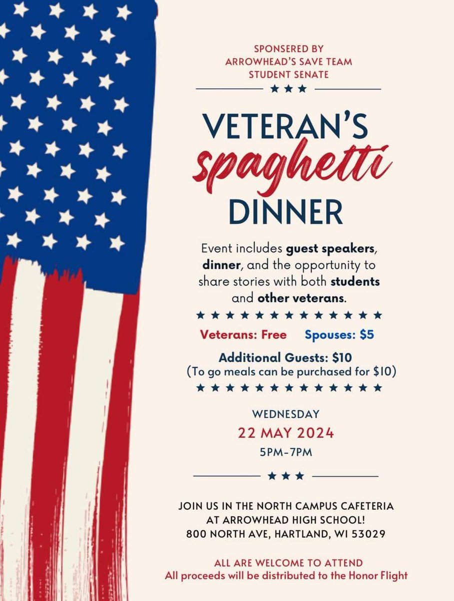 capt_JohnMason's tweet photo. Arrowhead's Save Team Student Senate is sponsoring Veteran's Spaghetti Dinner. Veterans free & spouse's are $5. Additional guest are $10 & all are welcome. Proceeds will be distributed to Honor Flight. #spaghetti #veterans #arrowheadhighschool #honorflight #student #storysharing https://t.co/nuU7DWfNvz