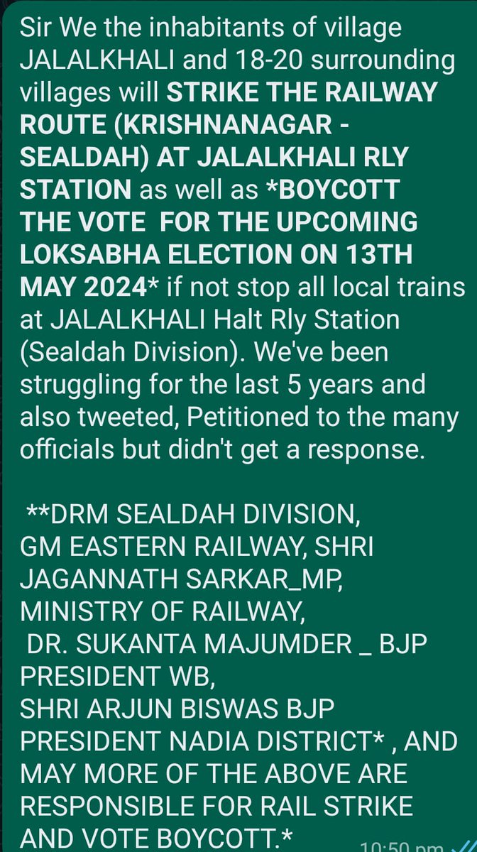 @rpfersdah @drmsdah @EasternRailway @AshwiniVaishnaw @RailMinIndia
Sir, WE WILL STRIKE THE RAILWAY ROUTE (KRISHNANAGAR - SEALDAH) AT JALALKHALI RLY STATION on 30 APRIL 2024 as well as BOYCOTT THE VOTE  FOR THE UPCOMING LOKSABHA ELECTION ON 13TH MAY 2024