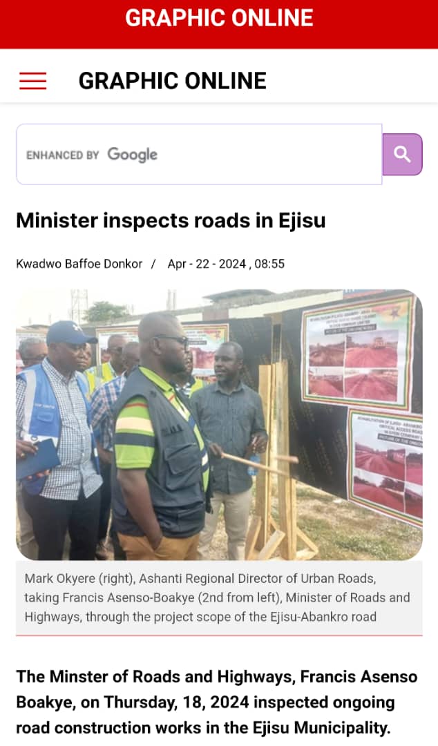 On Thursday, 18,2024 Minster of Roads and Highways, Francis Asenso-Boakye MP,  inspected ongoing road construction works in the Ejisu Municipality.

There are currently 32 road projects ongoing in the municipality

#RoadsForDevelopment 
#Bawumia2024 
#ItIsPossible