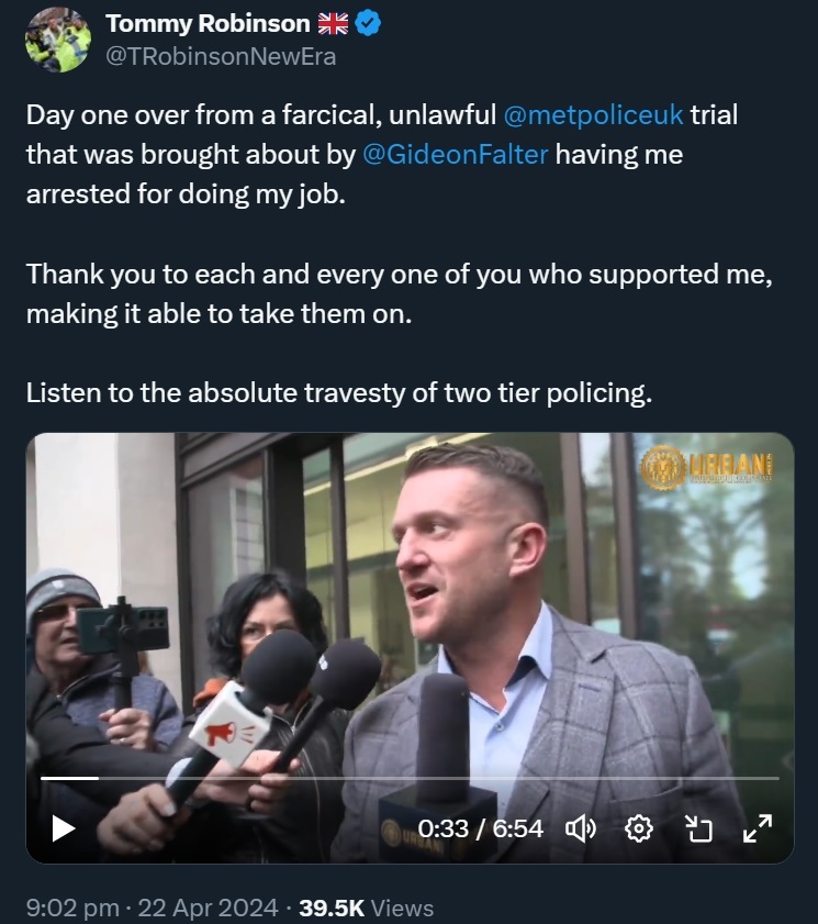 There’s a certain irony that Israel-loving Tommy Robinson is currently in court facing prison due to the actions of Gideon Falter who didn’t want him at his ‘March Against Antisemitism’ ...but Falter expects to turn up to Palestine marches uninvited and not be arrested 🤷‍♂️