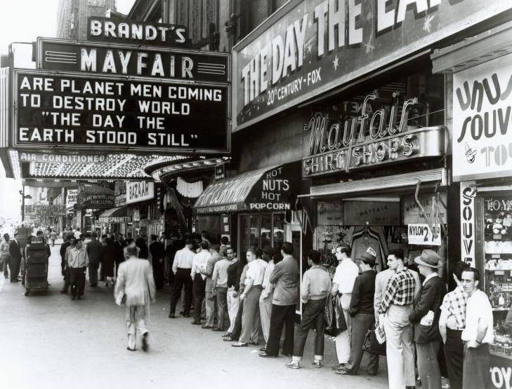 'The Day the Earth Stood Still' playing at the Mayfair Theatre in New York, 1951.