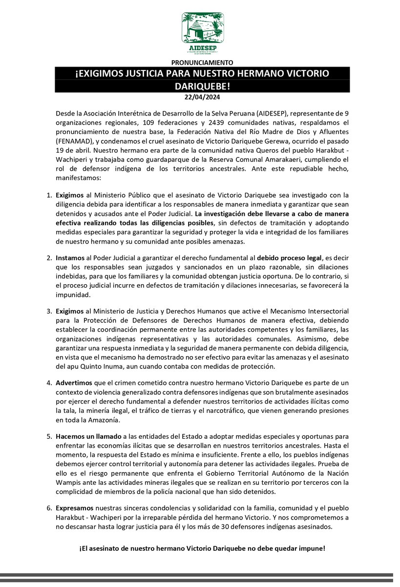 Expresamos nuestras sinceras condolencias y solidaridad con la familia, comunidad y el pueblo Harakbut - Wachiperi por la irreparable pérdida del hermano Victorio Dariquebe Gerewa, quien fue cruelmente asesinado el pasado 19 de abril.