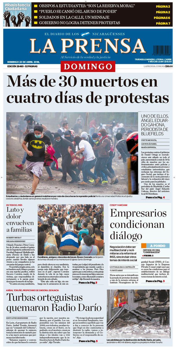 Portada de @laprensa del 22 de abril de 2018.
#AbrilNoSeOlvida