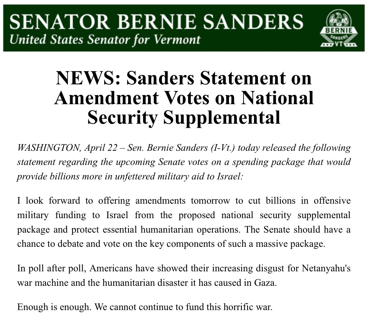 I look forward to offering amendments tomorrow to cut billions in offensive military funding to Israel from the proposed national security supplemental package and protect essential humanitarian operations. We cannot continue to fund this horrific war.