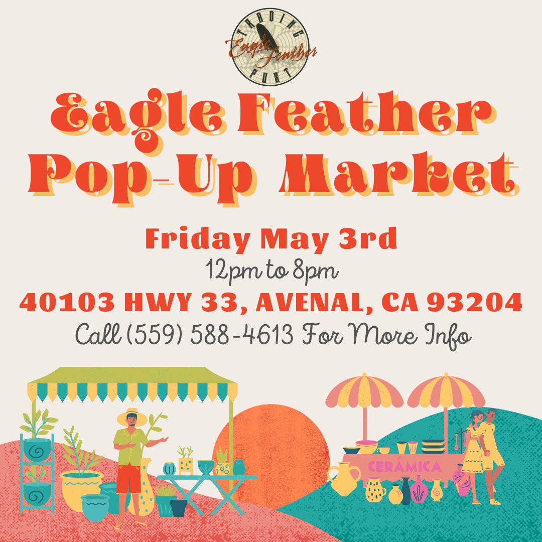 Check out our Pop-Up Market here at Eagle Feather Trading Post! Our next event is Friday May 3rd from 12pm to 8pm. For more info, call (559) 588-4613. Come on by and support local vendors!

#EagleFeatherTradingPost
#Avenal
#PopUpMarket
#LocalVendors
#SupportLocal
#PopUp
#Market