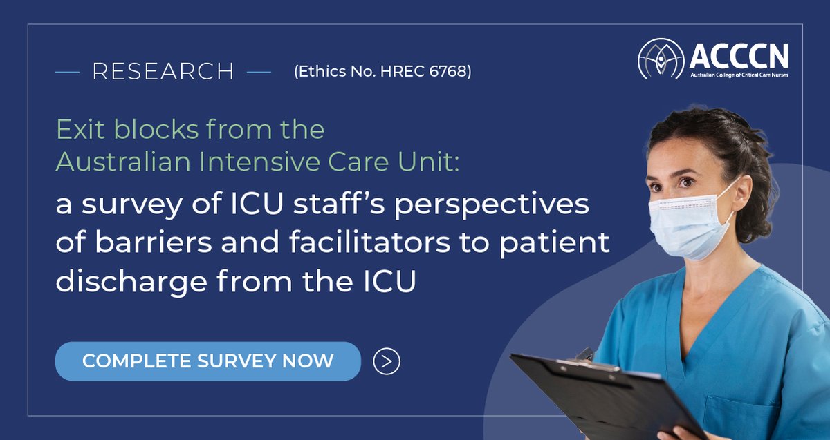 Passionate about enhancing patient care in Australian ICUs? Participate in a survey at Flinders University to explore ICU staff perspectives on discharge barriers and facilitators. Contribute to patient safety: ow.ly/3xpx50RkNBk Ethics No. HREC 6768 #healthcare