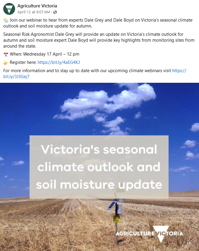 Did you miss this webinar?
You can check it out on the Agriculture Victoria website.
agriculture.vic.gov.au/climate-and-we…

You can also look at live details on the Wimmera soil moisture and weather station network wcma.vic.gov.au/agdataportal

#WimmeraAg #WimmeraFarmers #farmers #SoilMoisture