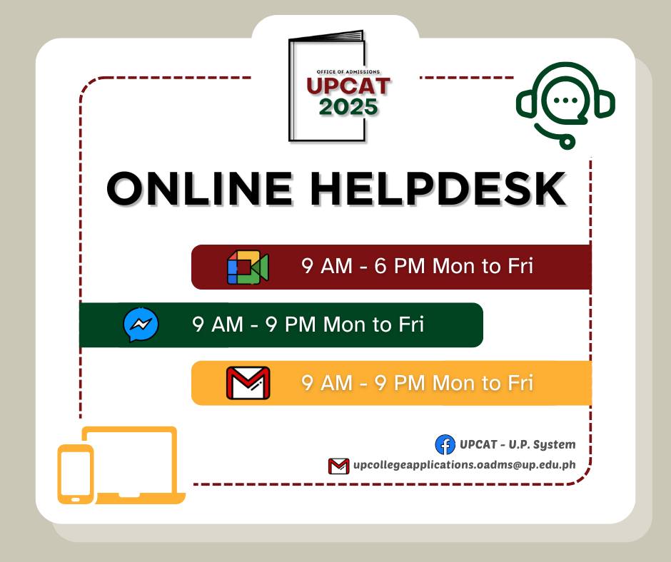 #ICYMI: #UPCAT2025 applicants with concerns can get in touch with the Office of Admissions via the Online Helpdesk. Check out the announcement below for availability and more information. Read more here: facebook.com/UPSystemOffice…