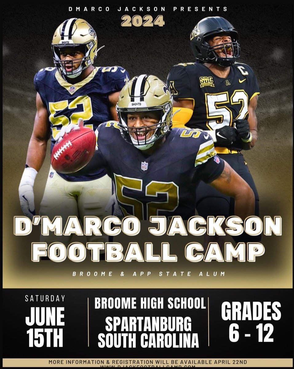 Broome Football (@broome_football) on Twitter photo Join us for the First Annual DβMarco Jackson (<a href="/DMarcojackson20/">D'Marco Jackson π¦
</a>) football camp! 1-on-1 competitions, awesome prizes for every position group, bouncy houses for the kids, delicious food trucks, and much more! Don't miss out on this epic football experience!
djackfootballcamp.com Join us for the First Annual DβMarco Jackson (<a href="/DMarcojackson20/">D'Marco Jackson π¦
</a>) football camp! 1-on-1 competitions, awesome prizes for every position group, bouncy houses for the kids, delicious food trucks, and much more! Don't miss out on this epic football experience!
djackfootballcamp.com