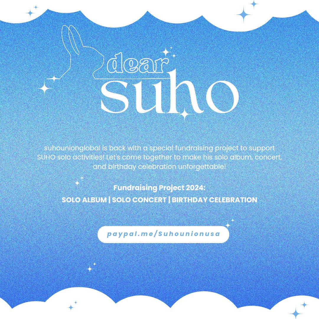 < suhounionglobal ✿ 2024 project > Join our fundraising project to support upcoming SUHO solo activities🐰✨ Donate here 👉 Paypal.me/Suhounionusa #김준면 #수호 #SUHO #준면 #金俊勉 #スホ #엑소 #EXO #AllForJunmyeon
