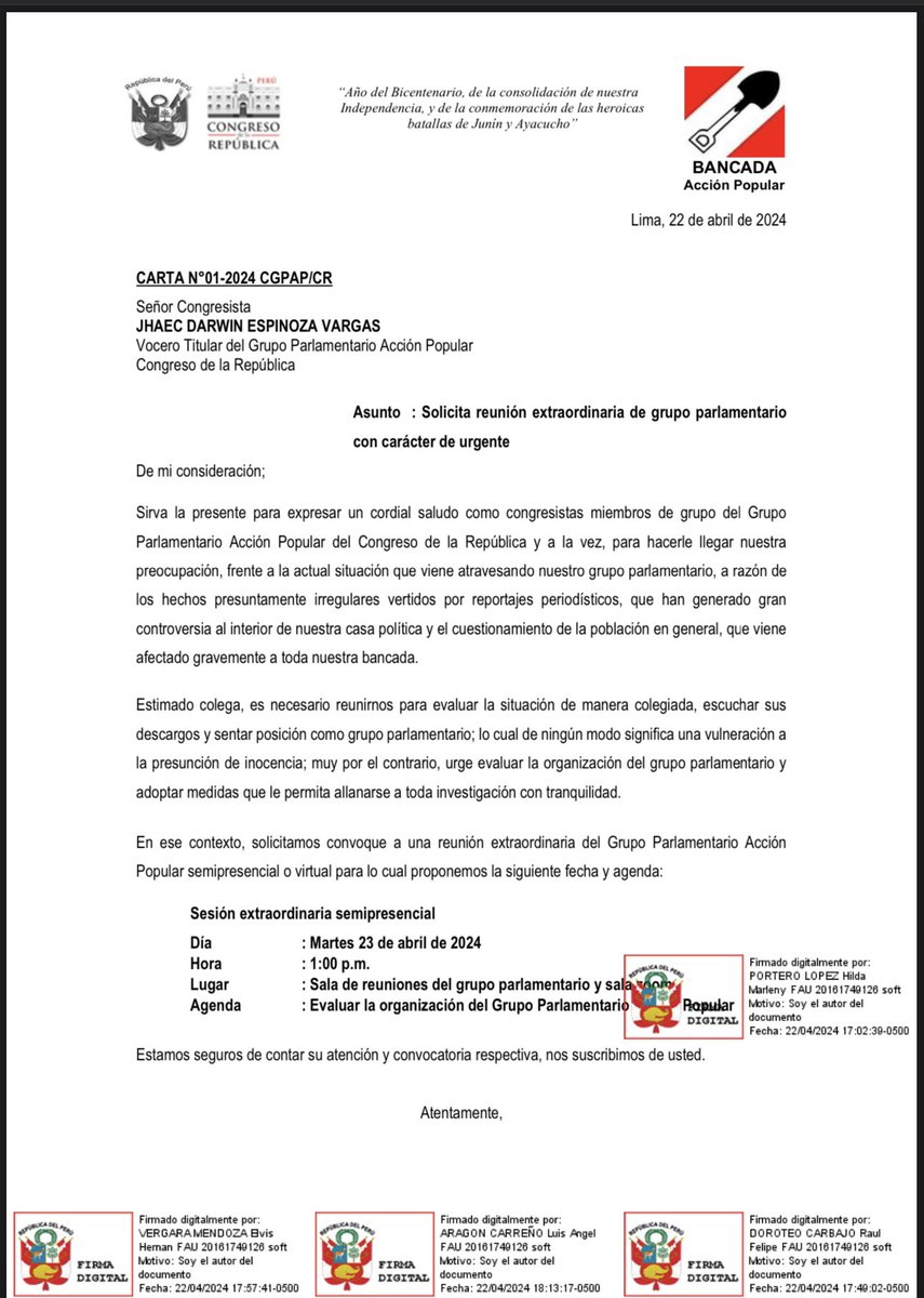 #URGENTE Tras denuncia de #PuntoFinal , los congresistas de la bancada de Acción Popular le piden reunión a Darwin Espinoza para reorganizar la bancada. Congresistas le retirarían la vocería de la bancada. @Latina_Noticias