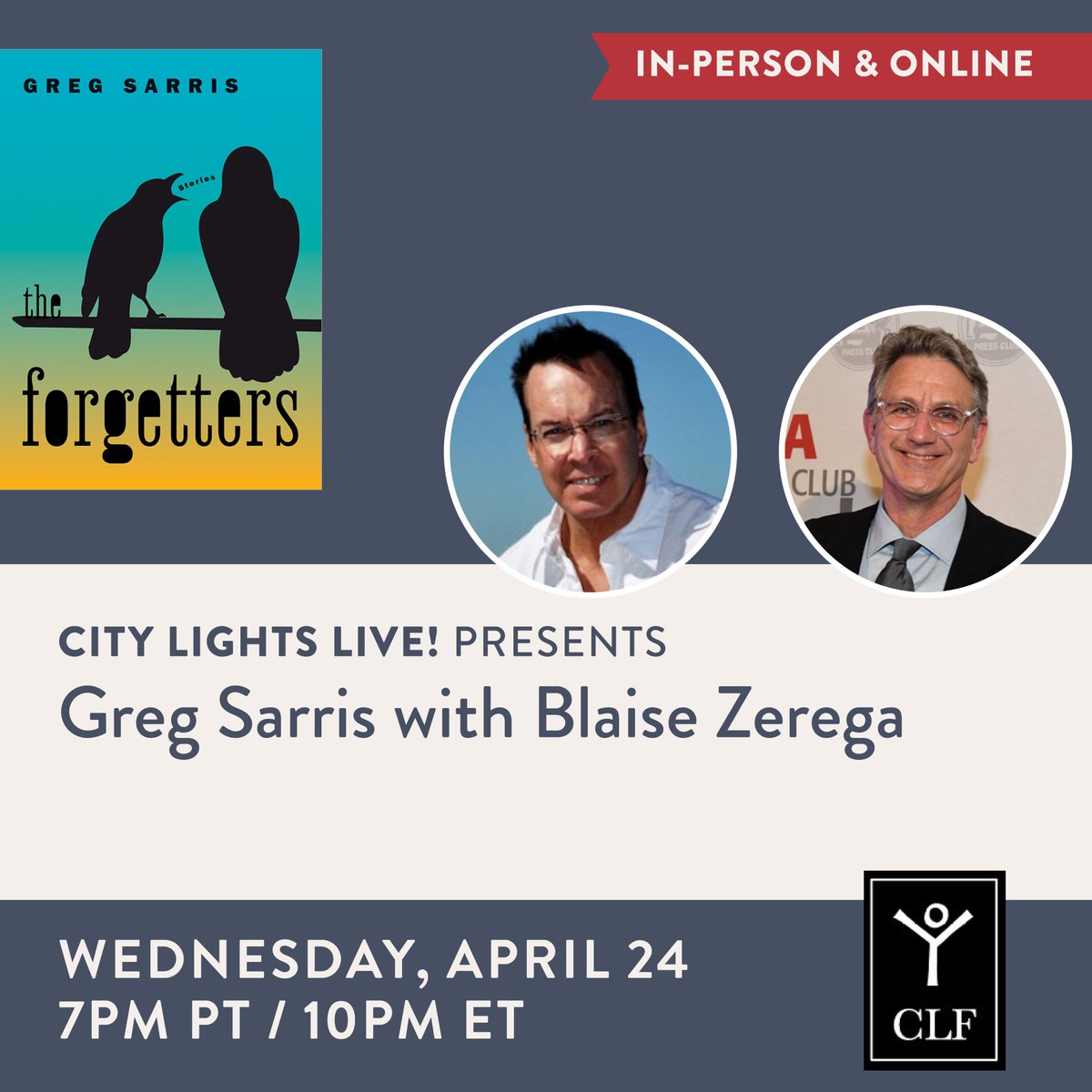 This week at City Lights LIVE! Weds, 7pm at the bookstore: City Lights, @AltaJournal & @heydaybooks celebrate the publication of The Forgetters: Stories by Greg Sarris; in conversation with Blaise Zerega (livestream avail; register citylights.com/.../greg-sarri…