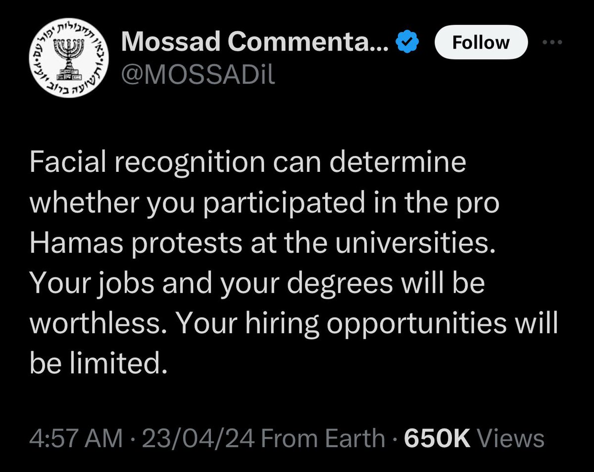 this isn’t the real Mossad account & it’s not a serious tweet, but it’s worth pointing out that facial recognition based security systems are already profiling & harming black, POC, & indigenous communities around the world, & many of these systems are developed in Israel