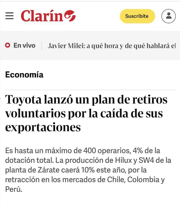 El #SuperavitFicticio de Milei es esto, en cada rubro de la economía real: En 2023 una automotriz líder invertía para trabajar a tres turnos 👉 lanacion.com.ar/autos/toyota-i… En 2024 despide gente con retiros voluntarios 👉clarin.com/economia/toyot… #MileiTeMintio: el ajuste lo pagás vos.