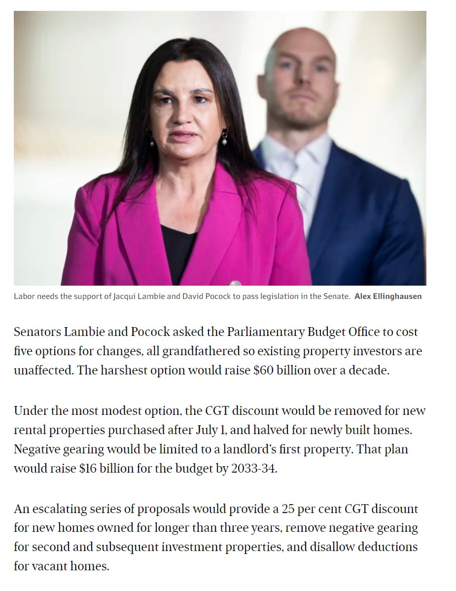 Hail to the crossbenchers! Lambie and Pocock model out changing the generous negative gearing and capital gains tax property breaks. afr.com/politics/feder…