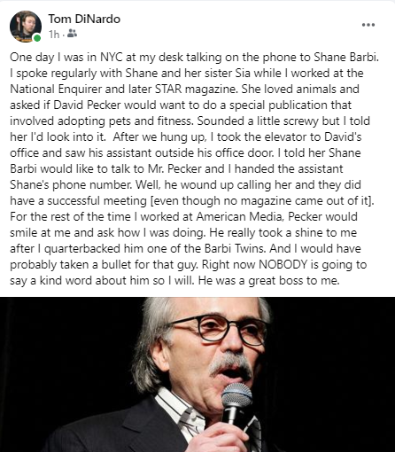 TomDiNardo's tweet image. Worked for #DavidPecker &amp;amp; got #treated with #tremendous #respect. I had #introduced him to #ShaneBarbi. He was a very good #boss. People enjoyed working at #AMI [before #anthrax struck the Florida building]. And Pecker didn't #mistreat his staff. He is being used as a #scapegoat.