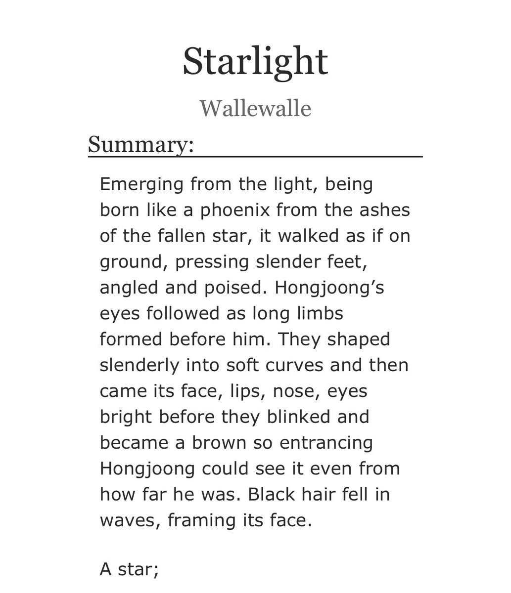 STARLIGHT
☆ SecngJccng (At33z)
☆ 1.7K (One shot)
☆ Fantasy/Conceptual Love Story
☆ Jccng witnesses the birth of a star 
☆ +Link