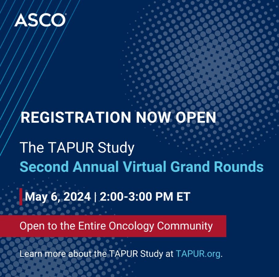Join the virtual Grand Rounds on May 6 to learn the latest from the #TAPUR Study, an ongoing clinical trial investigating targeted therapies for advanced cancer. Speakers: <a href="/rschilsky/">Richard Schilsky</a> <a href="/PamMangat2/">Pam Mangat-Dhaliwal</a> <a href="/JFreemanDaily/">Janet Freeman-Daily</a>, Jens Reuter Register: brnw.ch/21wICef #PrecisionMedicine