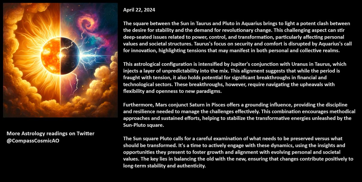 CompassCosmicAO's tweet photo. Sun in Taurus Squares Pluto in Aquarius: A cosmic clash of stability and upheaval! As the Sun's nurturing energy confronts Pluto's transformative force, expect intense power struggles but also opportunities for profound change. #Astrology #SunSquarePluto https://t.co/0n73hslA3Q