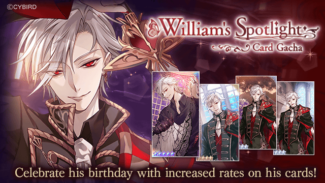 🎉It's almost William's BDAY!🎉 Celebrate by playing his Spotlight Gacha featuring higher rates on special William cards💟 Tell us: Which cards are in your escort party?🃏 🔻PLAY NOW🔻 bit.ly/PlayIkeVil  #ikevil #ikemenvillains #otome