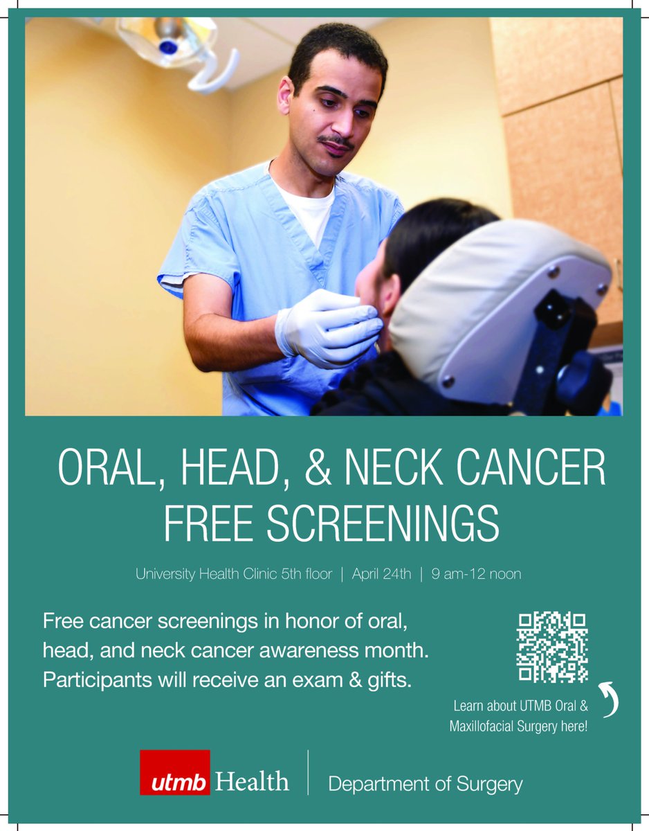 Don't forget to join us this Wednesday at our Galveston University Hospital Clinic for a free oral cancer screening. All participants will receive gifts and learn about head and neck cancer. @HishamAMarwan @aaoms @UTMBProvost @utmbnews