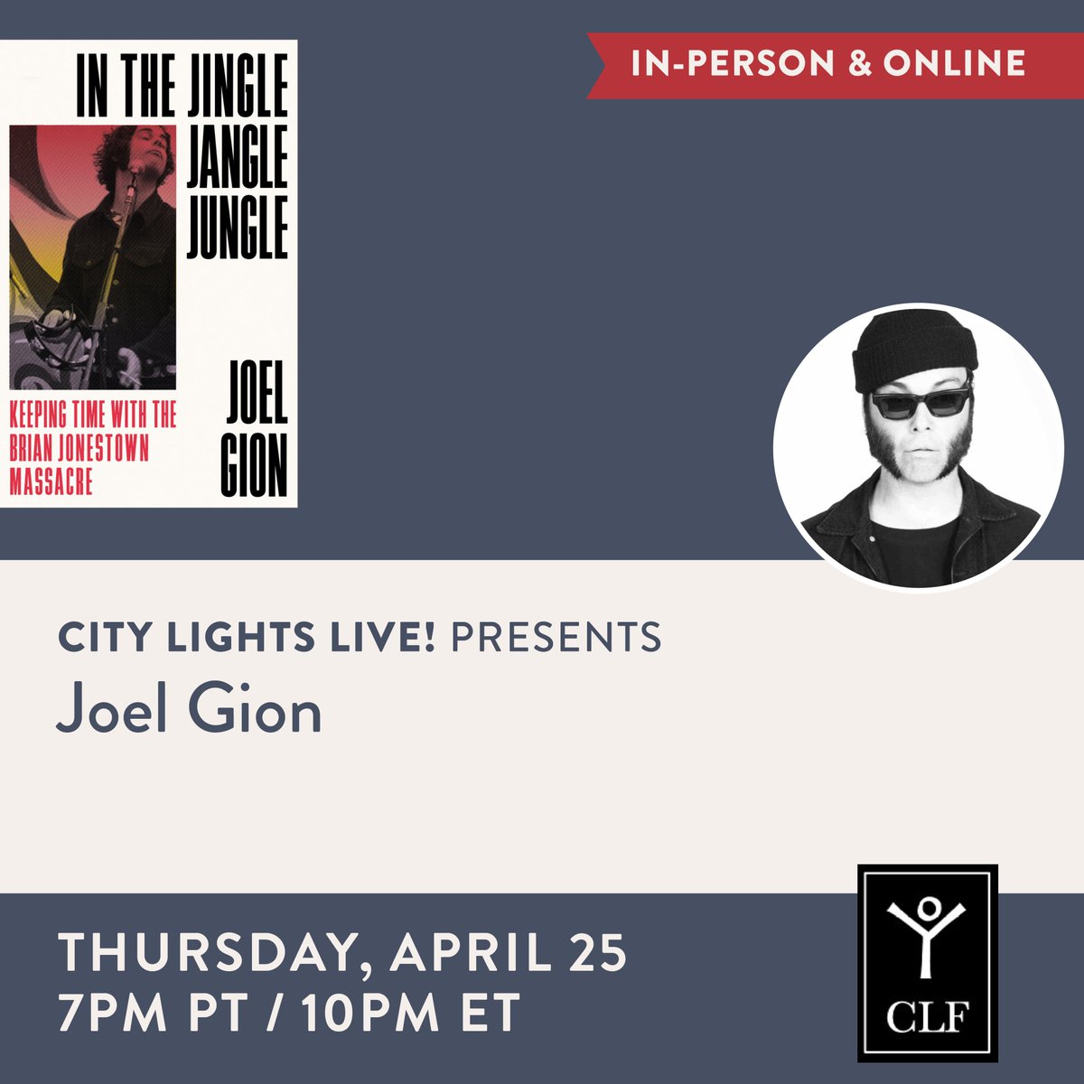 Thurs eve @7pm, here at City Lights: @realjoelgion Joel Gion celebrates the publication of IN THE JINGLE JANGLE JUNGLE: Keeping Time with the Brian Jonestown Massacre, published by @rarebirdlit If you can't make it, sign up for the livestream: citylights.com/.../joel-gion-…