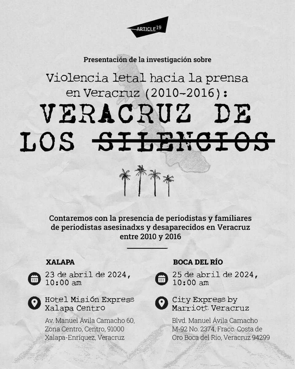 📢 Te invitamos a la presentación de '#Veracruz de los silencios', un análisis de @article19mex sobre el periodo más violento contra la prensa en ese estado. 🎙️ Participan periodistas y familiares de víctimas 🗓️ 23/04 en #Xalapa y 25/04 en #BocaDelRío 👉🏽 veracruzdelossilencios.org