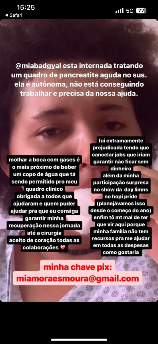 pessoal, nossa irmã @miabadgyal está numa situação delicada com problemas na vesícula e um quadro de pancreatite aguda. para ela seguir com a cirurgia, é necessário estar com um quadro mais estável. por isso tudo, ela perdeu trabalhos importantes. vamos ajudá-la 💖🙏🏼