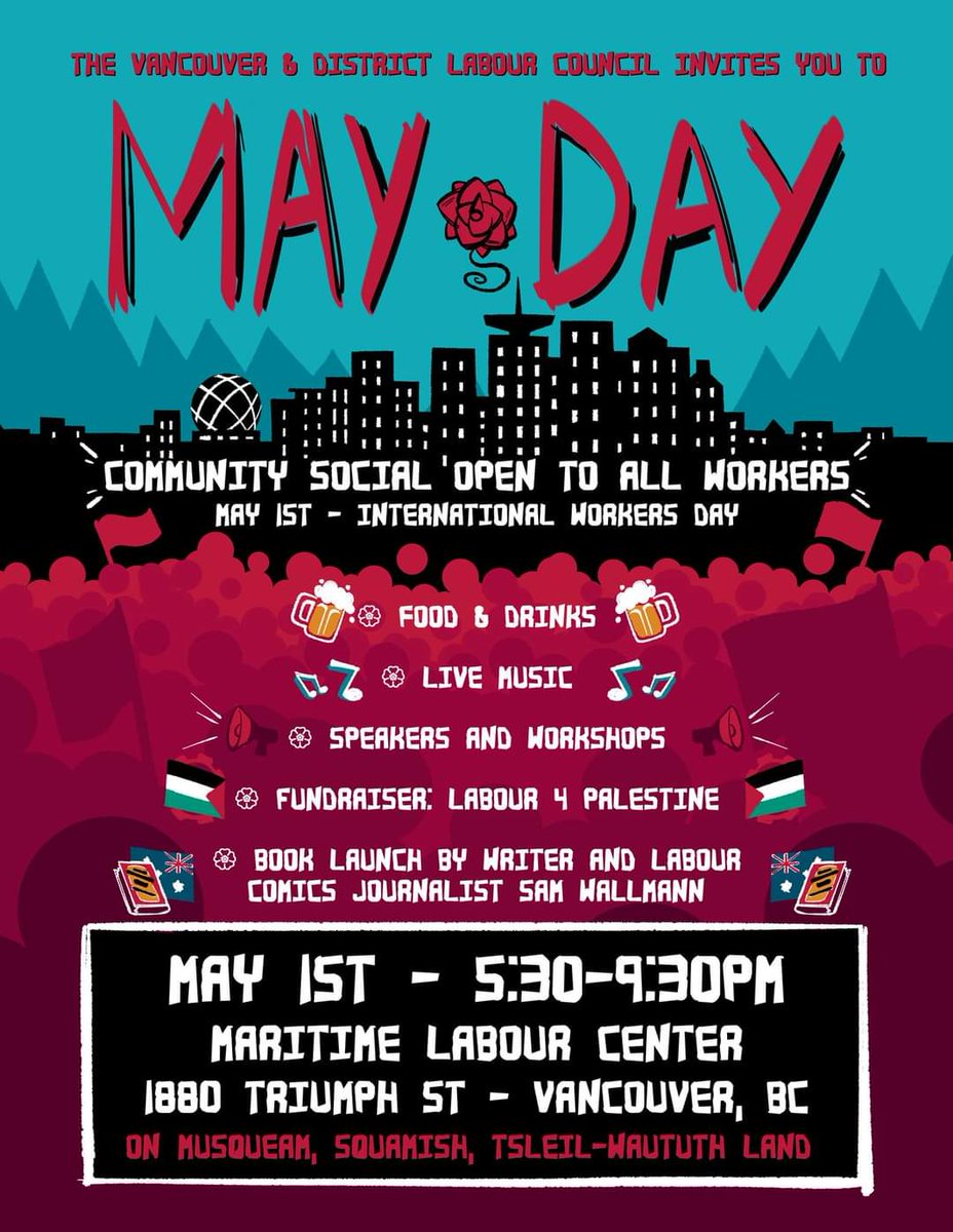 Join us for a celebration of International Workers’ Day (May Day)!

Labour and community information fair, speakers, live music, food, workshops & more! May 1st from 5:30-9:30pm.

Info: vdlc.ca/events/may-day/

#VancouverDLC #MayDay2024 #InternationalWorkersDay #bclab #canlab