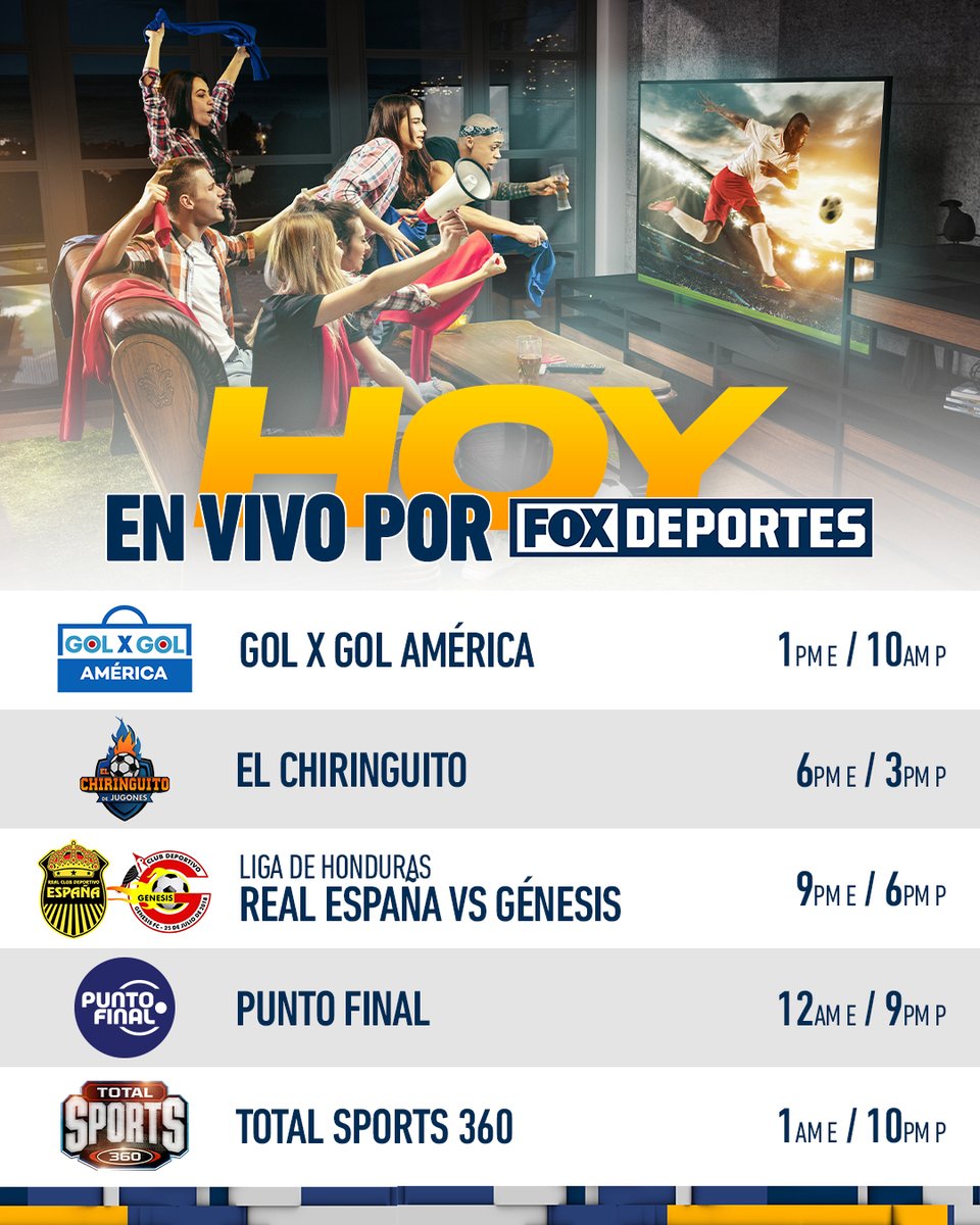 ¡Un martes lleno de mucha emoción en FOX Deportes! 🤩

#GolXGol 🔥
#ElChiringuitoEnFOX 🙌
#HondurasEnFOX 💪
#PuntoFinal ⚽
#TotalSports 💥

También puedes vernos en la FOX Sports App. 📱