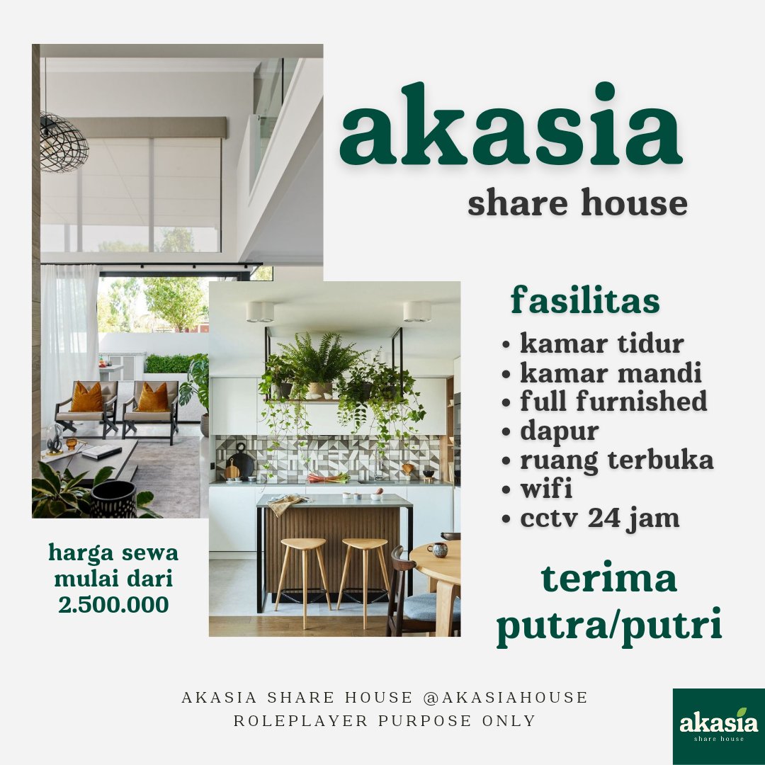 ㅤㅤ
Sedang mencari hunian terjangkau dan murah di Jakarta ? AKASIA SHARE H O USE datang untuk menawarkan hunian pilihan untuk kalian. Segera datangi @AKASIAHOUSE bagi yang berminat ya.

ㅤㅤ
