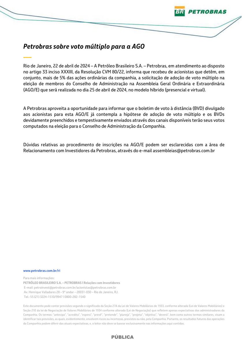 🚨 PETROLEO BRASILEIRO S.A. PETROBRAS - Petrobras sobre voto múltiplo para a AGO #PETR3 #PETR4