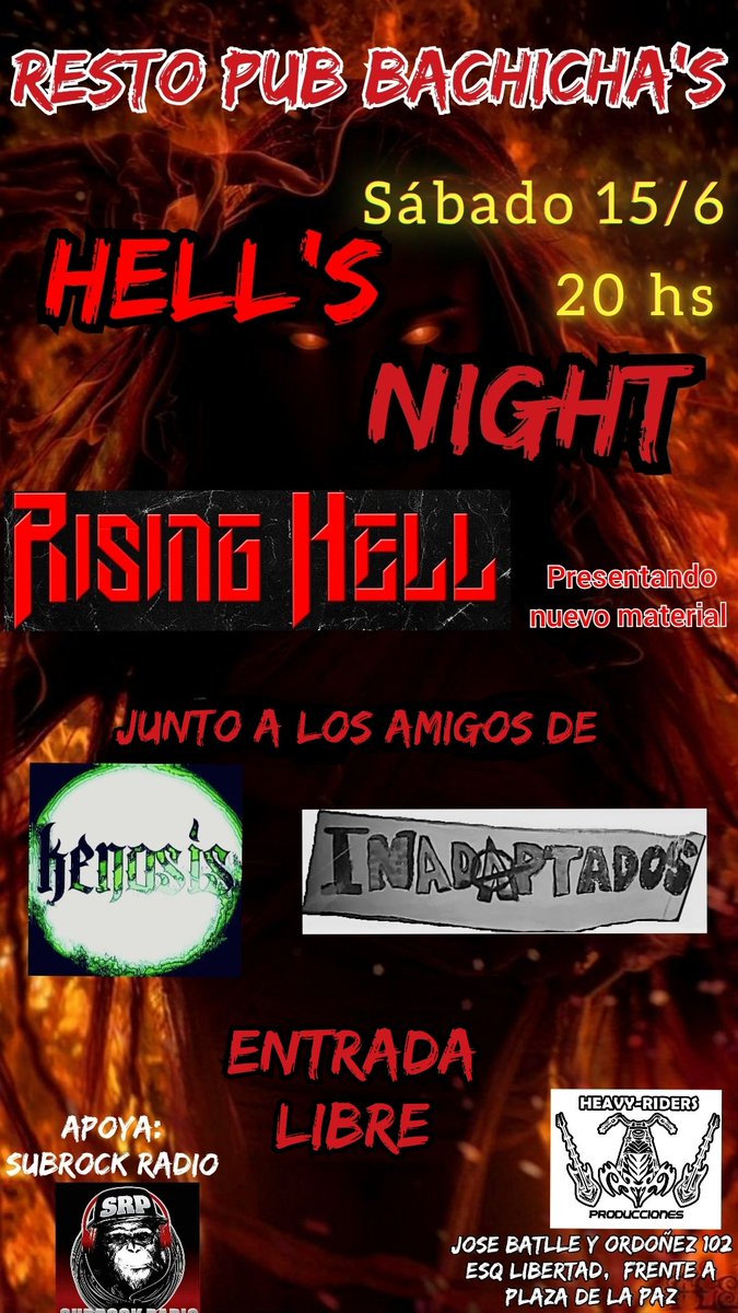 Tenemos el agrado de informarles nuestro primer toque 2024!!!
Agradecer a Heavy Riders Producciones  !!! 
Estarán los amigos de Kenosis e Inadaptados.
Sábado 15/6, 20 hs!!! 
resto pub Bachicha's!!! 
Los esperamos!!!!!