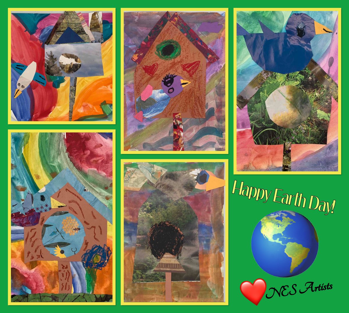 Happy Earth Day from NES @HaysCISD 1st grade artists who made these beautiful recycled paper birdhouse collages after learning about the importance of recycling for our planet. #artmatters @HaysFineArts #EarthDay2024