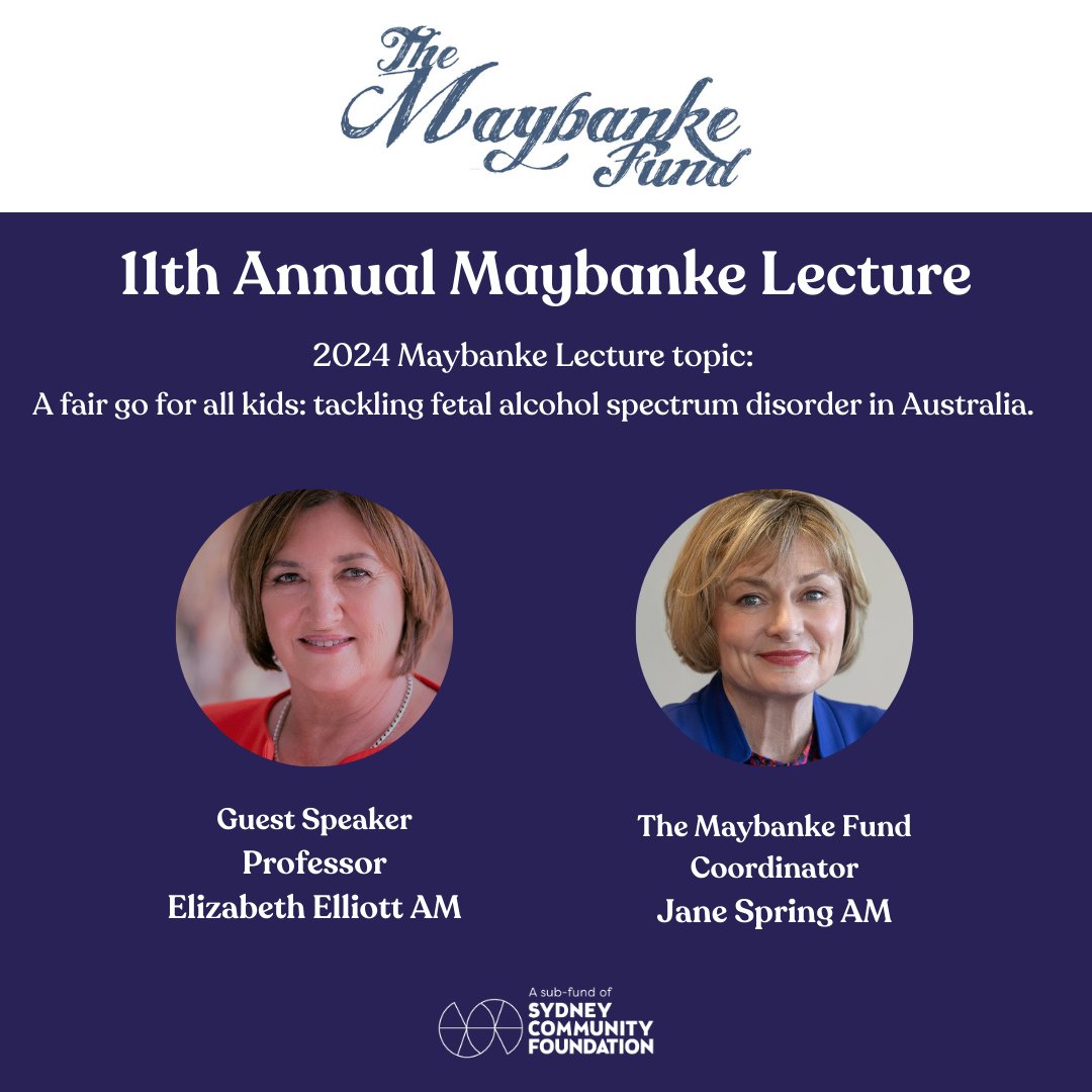Will you be in Sydney on Monday 6th May? 

Join our Chair <a href="/ProfEElliott/">Elizabeth Elliott</a> to hear her deliver the 11th Annual Maybanke Lecture: "A fair go for all kids: tackling FASD in Australia".

More information and registration details can be found here: events.humanitix.com/2024-maybanke-…