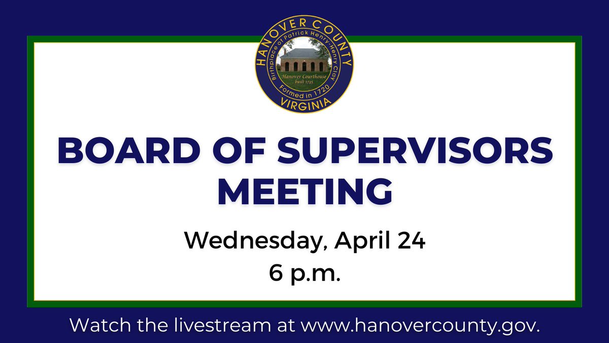 The Hanover County Board of Supervisors will meet on Wednesday, April 24 at 6 p.m.

View the agenda here ➡️ bit.ly/3Jvic0F 

#HanoverVA